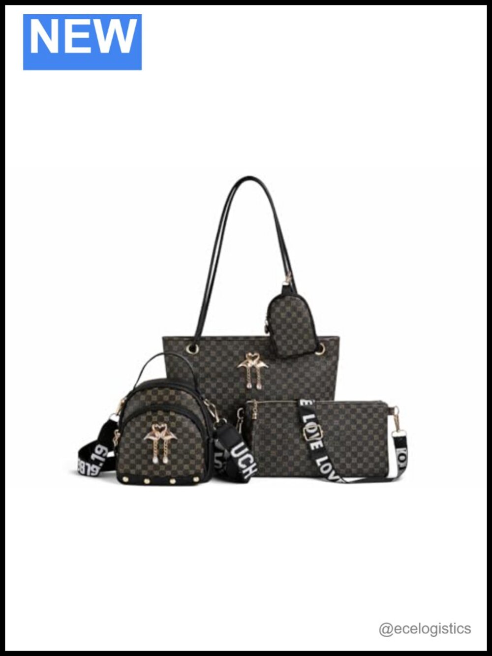 4-Piece Faux Leather Checkered Bag Set Tote Crossbody Backpack & Pouch